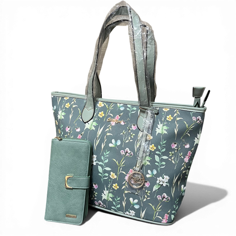 Cotton Road Handbag - Green PU Leather with Floral Panel and Matching Wallet