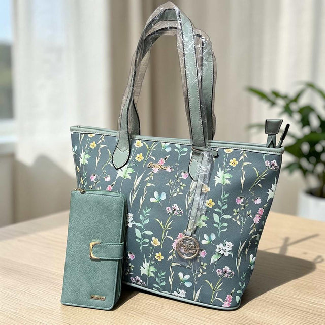 Cotton Road Handbag - Green PU Leather with Floral Panel and Matching Wallet