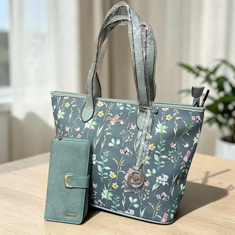 Cotton Road Handbag - Green PU Leather with Floral Panel and Matching Wallet