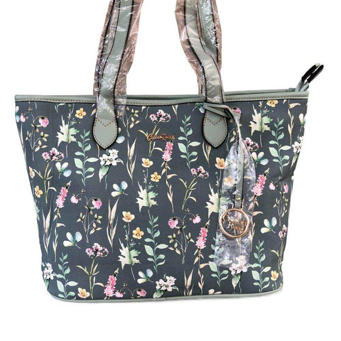 Cotton Road Handbag - Green PU Leather with Floral Panel and Matching Wallet