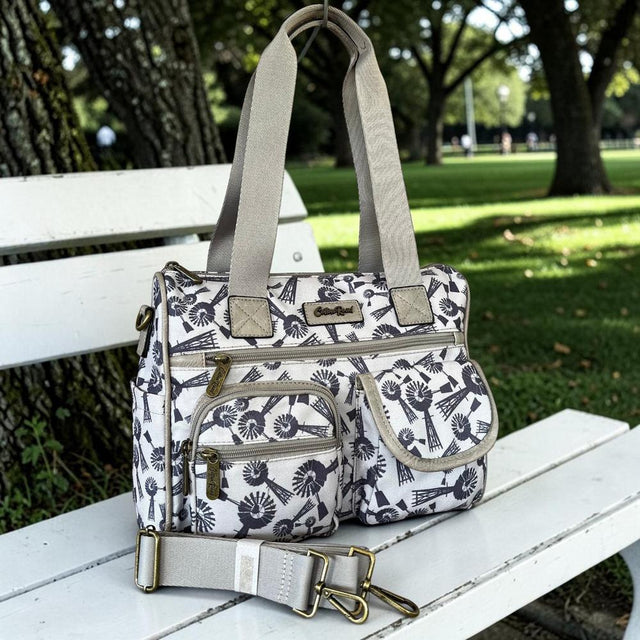 Cotton Road Handbag: Grey Canvas with Windmills Design for Everyday Use