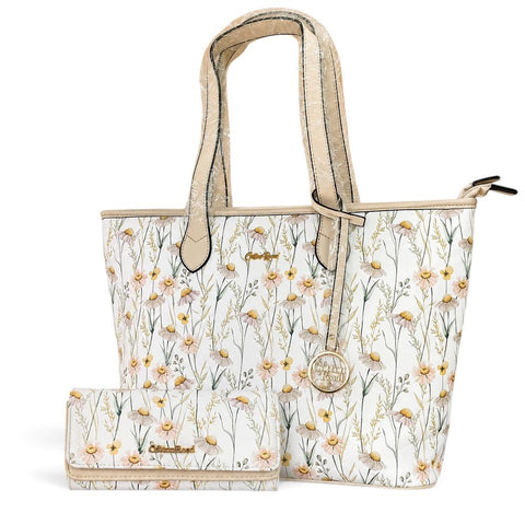 Cotton Road Handbag: IVORY FLORAL PU LEATHER with Matching Wallet