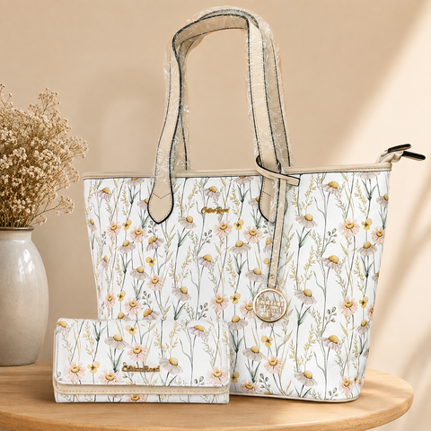 Cotton Road Handbag: IVORY FLORAL PU LEATHER with Matching Wallet