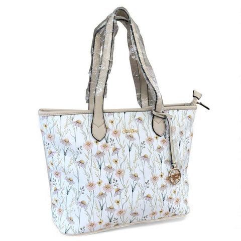 Cotton Road Handbag: IVORY PU LEATHER with FLORAL Panel