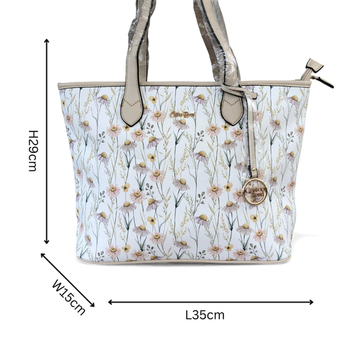 Cotton Road Handbag: IVORY PU LEATHER with FLORAL Panel
