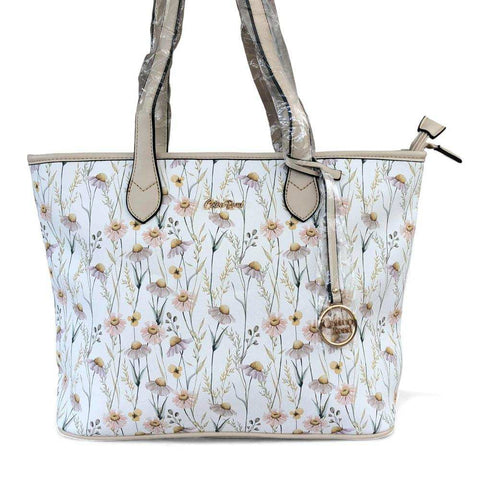 Cotton Road Handbag: IVORY PU LEATHER with FLORAL Panel