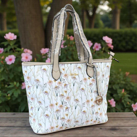 Cotton Road Handbag: IVORY PU LEATHER with FLORAL Panel