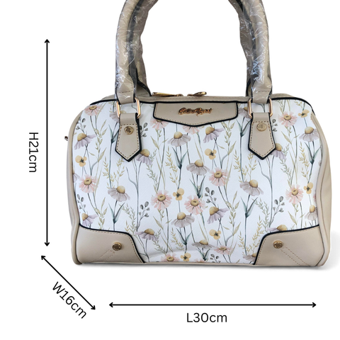 Cotton Road Handbag: IVORY PU Leather Barrel Bag with FLORAL Panel and Matching Wallet