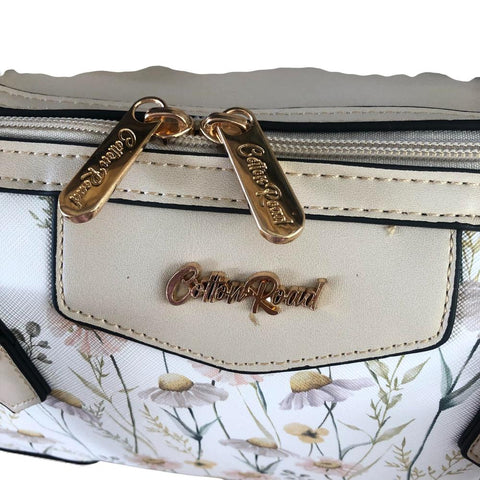 Cotton Road Handbag: IVORY PU Leather Barrel Bag with FLORAL Panel and Matching Wallet