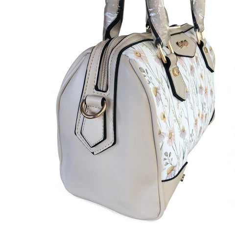 Cotton Road Handbag: IVORY PU Leather Barrel Bag with FLORAL Panel and Matching Wallet