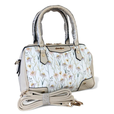 Cotton Road Handbag: IVORY PU Leather Barrel Bag with FLORAL Panel and Matching Wallet