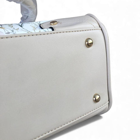 Cotton Road Handbag: IVORY PU Leather Barrel Bag with FLORAL Panel and Matching Wallet