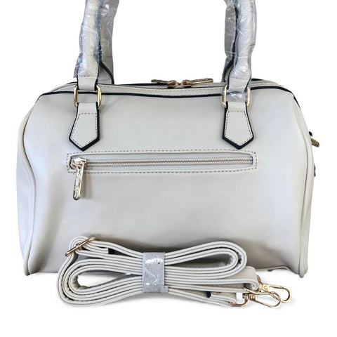 Cotton Road Handbag: IVORY PU Leather Barrel Bag with FLORAL Panel and Matching Wallet