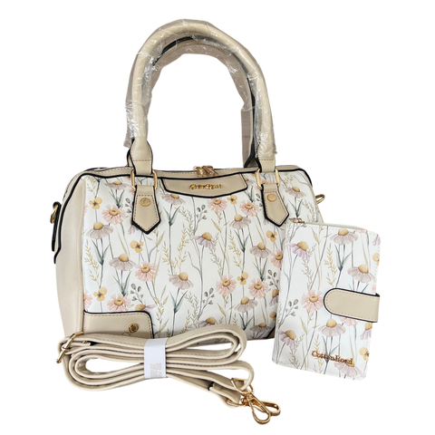 Cotton Road Handbag: IVORY PU Leather Barrel Bag with FLORAL Panel and Matching Wallet