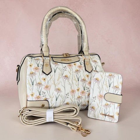 Cotton Road Handbag: IVORY PU Leather Barrel Bag with FLORAL Panel and Matching Wallet