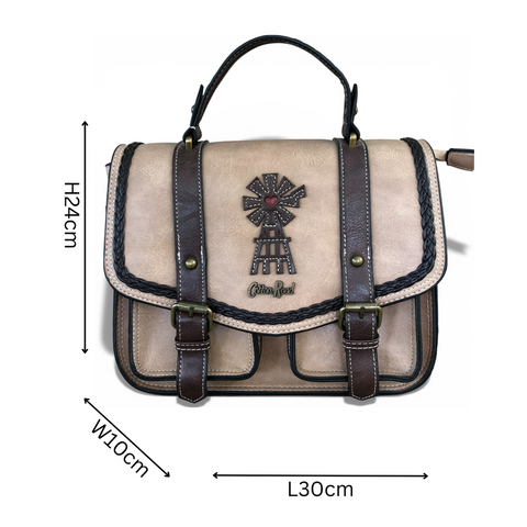 Cotton Road Handbag: KHAKI BROWN PU Leather with WINDMILL Design