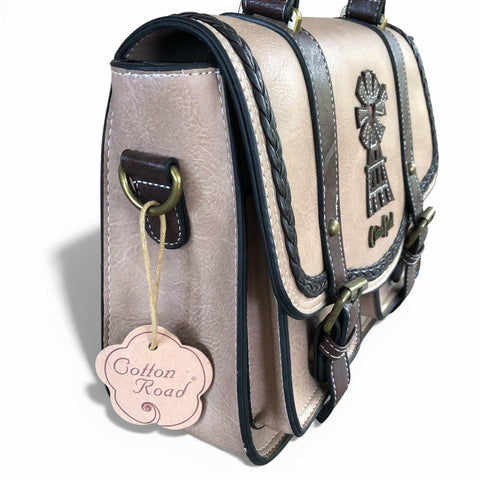 Cotton Road Handbag: KHAKI BROWN PU Leather with WINDMILL Design