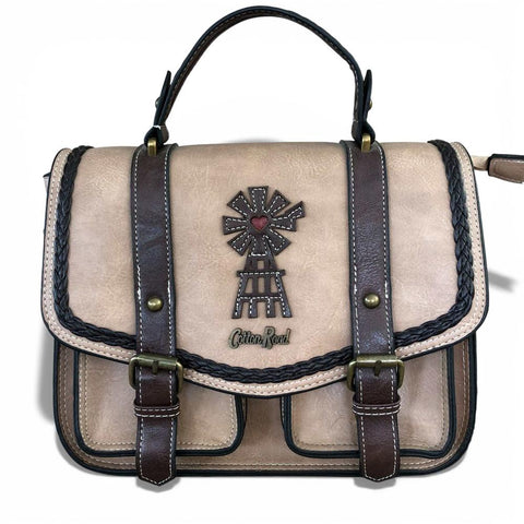 Cotton Road Handbag: KHAKI BROWN PU Leather with WINDMILL Design