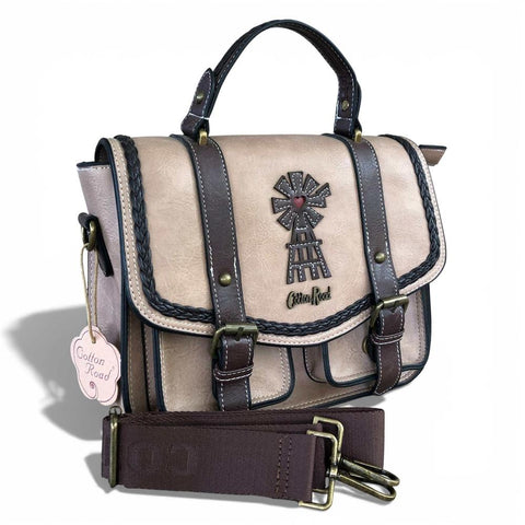 Cotton Road Handbag: KHAKI BROWN PU Leather with WINDMILL Design