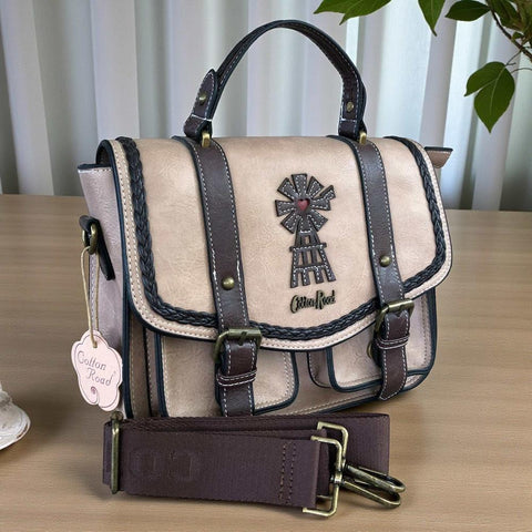 Cotton Road Handbag: KHAKI BROWN PU Leather with WINDMILL Design