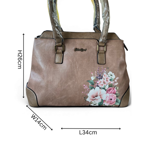 Cotton Road Handbag: KHAKI FLORAL PU Leather