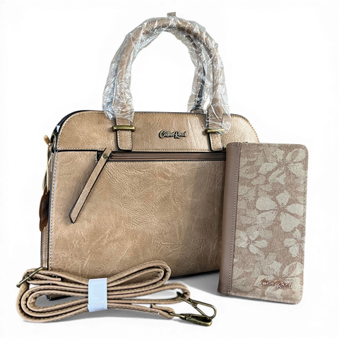 Cotton Road Handbag: KHAKI PU Leather Bag with Matching Wallet