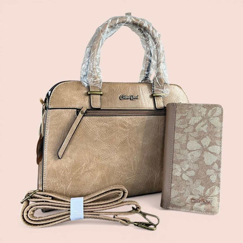 Cotton Road Handbag: KHAKI PU Leather Bag with Matching Wallet