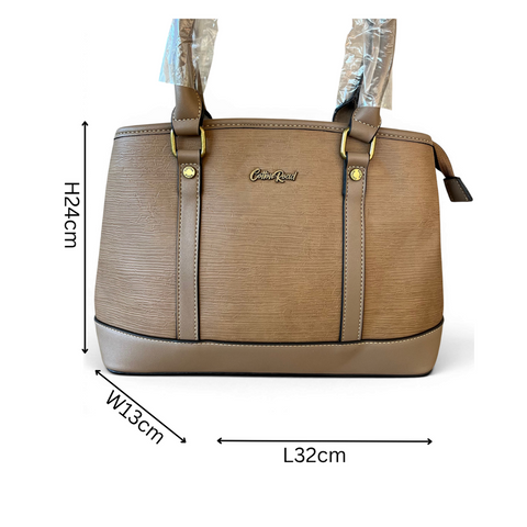 Cotton Road Handbag: KHAKI PU Leather Bag with Zip Divider with Matching Wallet