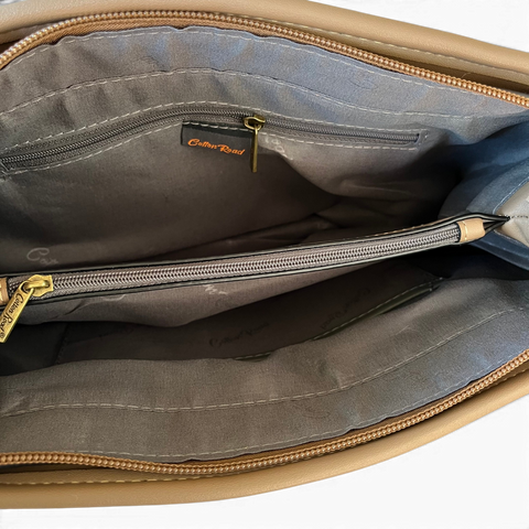 Cotton Road Handbag: KHAKI PU Leather Bag with Zip Divider with Matching Wallet