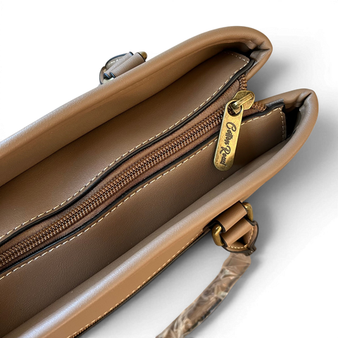 Cotton Road Handbag: KHAKI PU Leather Bag with Zip Divider with Matching Wallet
