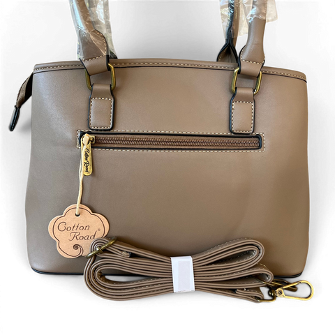 Cotton Road Handbag: KHAKI PU Leather Bag with Zip Divider with Matching Wallet