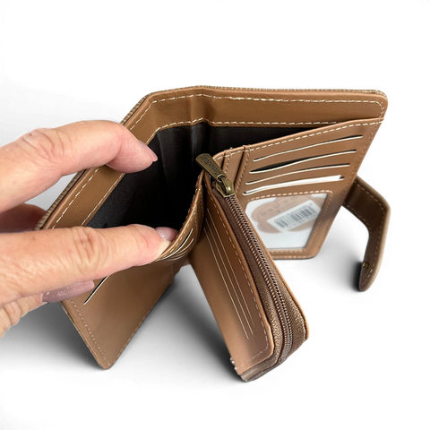 Cotton Road Handbag: KHAKI PU Leather Bag with Zip Divider with Matching Wallet