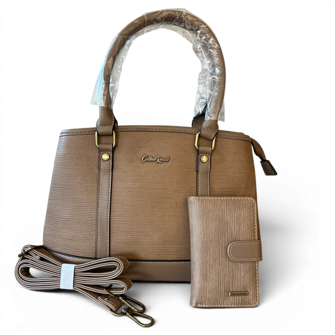 Cotton Road Handbag: KHAKI PU Leather Bag with Zip Divider with Matching Wallet