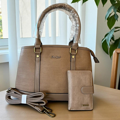 Cotton Road Handbag: KHAKI PU Leather Bag with Zip Divider with Matching Wallet