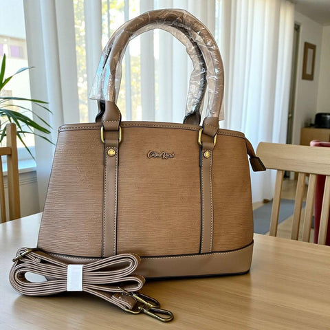 Cotton Road Handbag: KHAKI PU Leather Bag with Zip Divider