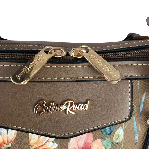 Cotton Road Handbag: KHAKI PU Leather Barrel Handbag with FLORAL Panel