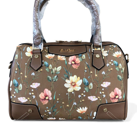 Cotton Road Handbag: KHAKI PU Leather Barrel Handbag with FLORAL Panel