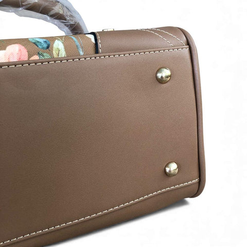 Cotton Road Handbag: KHAKI PU Leather Barrel Handbag with FLORAL Panel