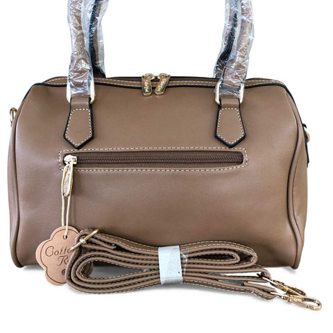 Cotton Road Handbag: KHAKI PU Leather Barrel Handbag with FLORAL Panel