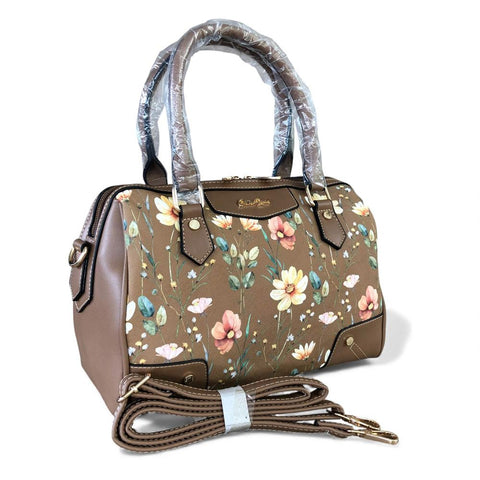 Cotton Road Handbag: KHAKI PU Leather Barrel Handbag with FLORAL Panel