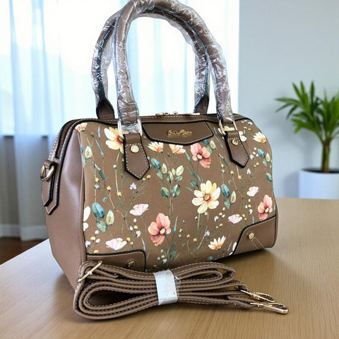 Cotton Road Handbag: KHAKI PU Leather Barrel Handbag with FLORAL Panel