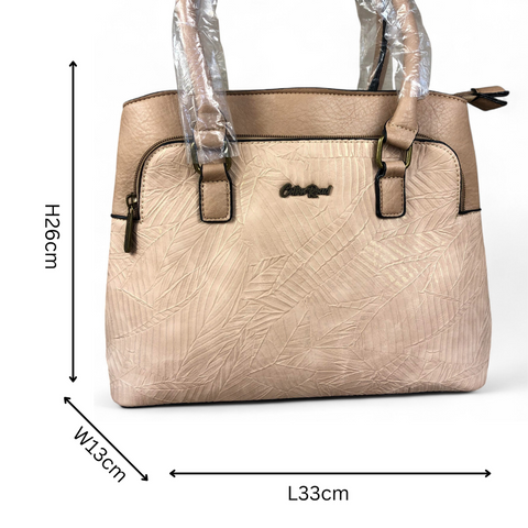 Cotton Road Handbag: KHAKI PU Leather Handbag with EMBOSSED Panel