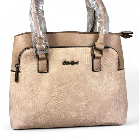 Cotton Road Handbag: KHAKI PU Leather Handbag with EMBOSSED Panel