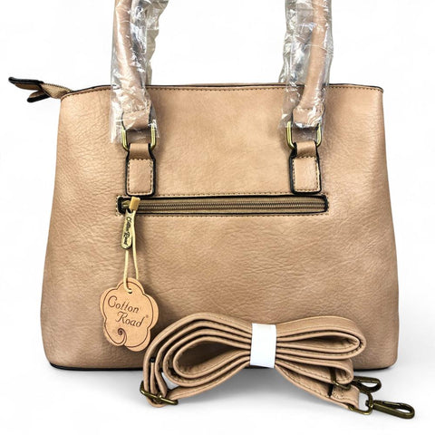 Cotton Road Handbag: KHAKI PU Leather Handbag with EMBOSSED Panel