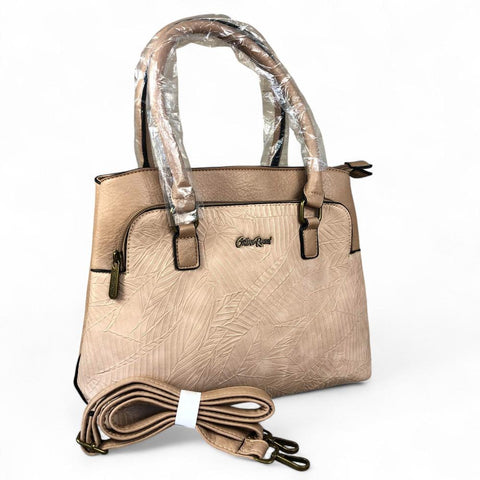 Cotton Road Handbag: KHAKI PU Leather Handbag with EMBOSSED Panel