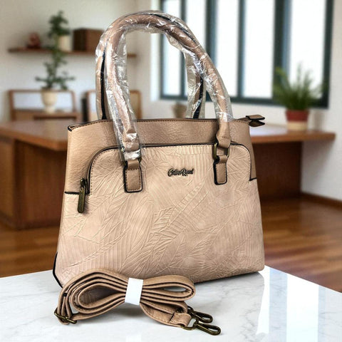 Cotton Road Handbag: KHAKI PU Leather Handbag with EMBOSSED Panel
