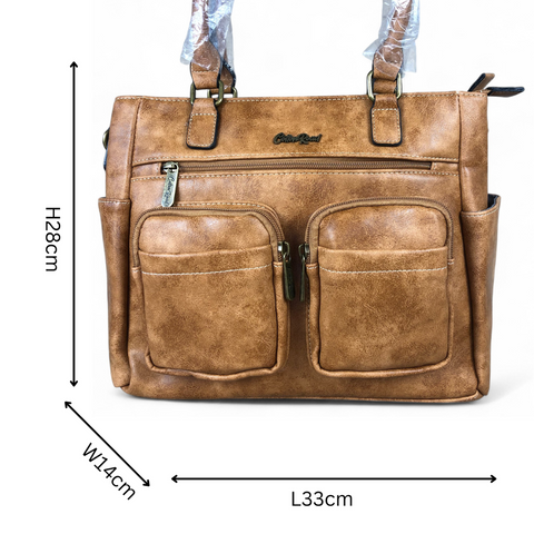 Cotton Road Handbag: KHAKI PU Leather Handbag with Pockets