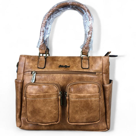Cotton Road Handbag: KHAKI PU Leather Handbag with Pockets