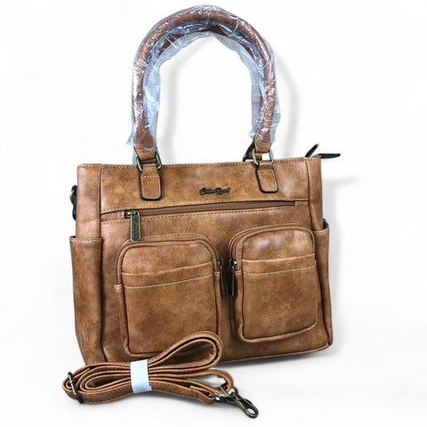 Cotton Road Handbag: KHAKI PU Leather Handbag with Pockets