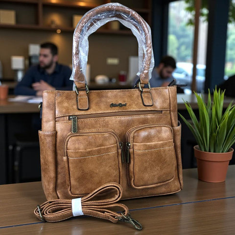 Cotton Road Handbag: KHAKI PU Leather Handbag with Pockets